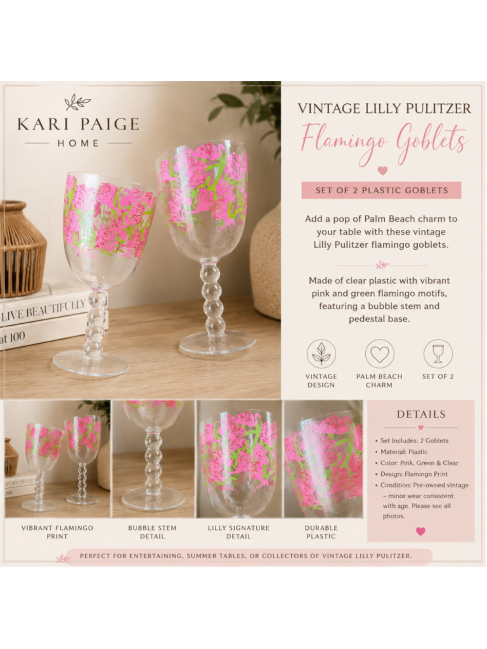 Lilly Pulitzer Pink Flamingo Plastic Goblets Set of 2 Bubble Stem Tropical Cups